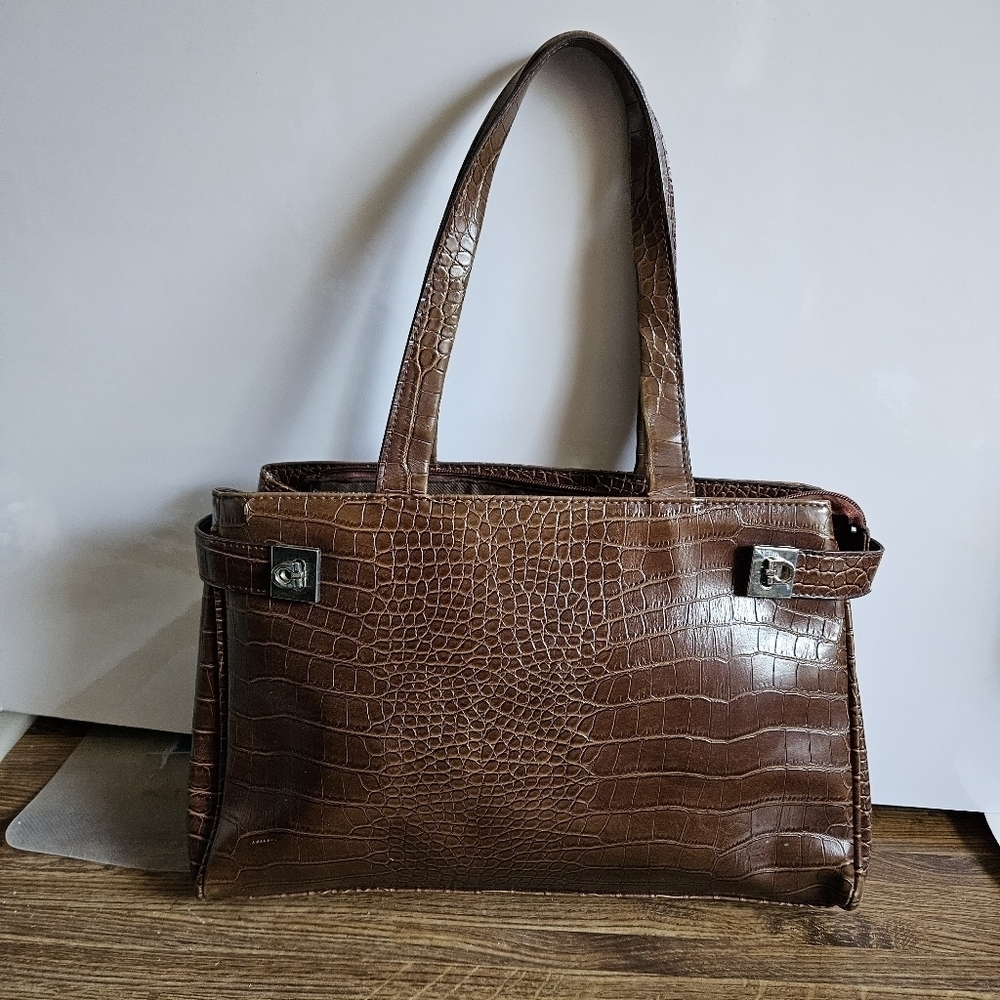 Vintage Cole Chocolate Brown Aux Crocodile Imprint Satchel Bag